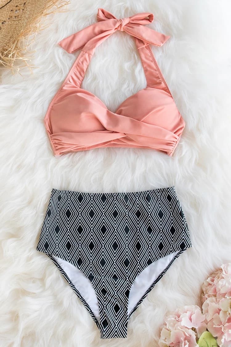 Twist Front Halter Bikini with High Waisted Geometric Bottoms