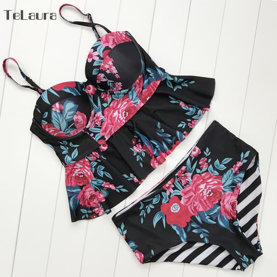 Floral High Waisted Bikini Set with Push Up Top