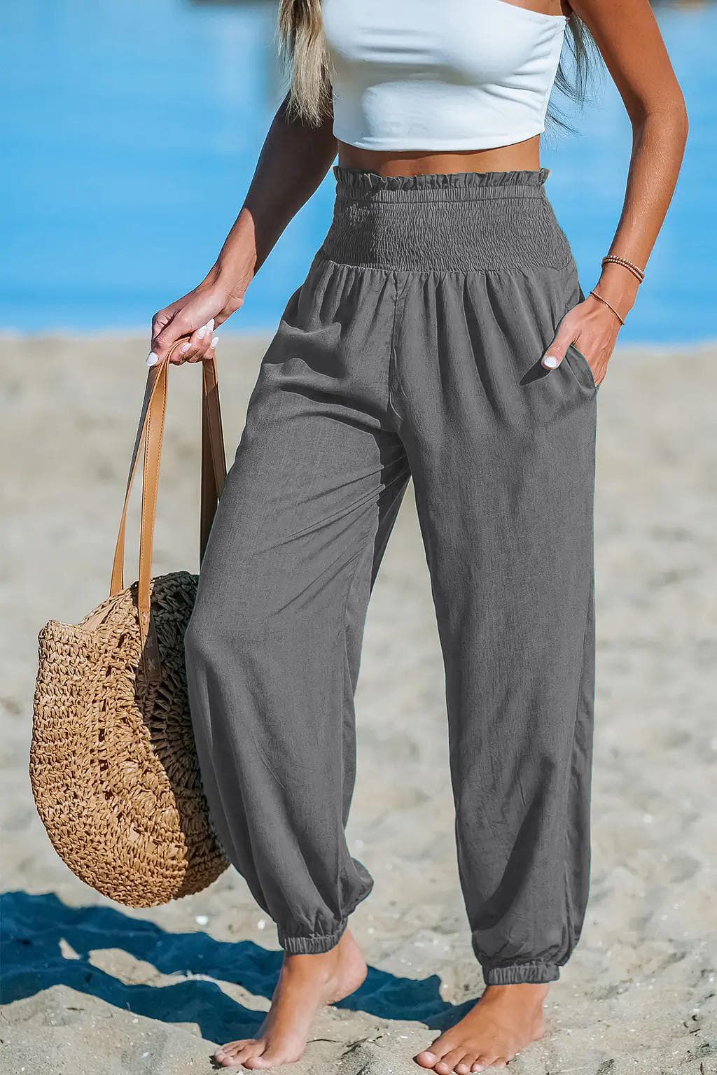 Loose Fit Beach Casual Ankle Tied Pants with Pockets
