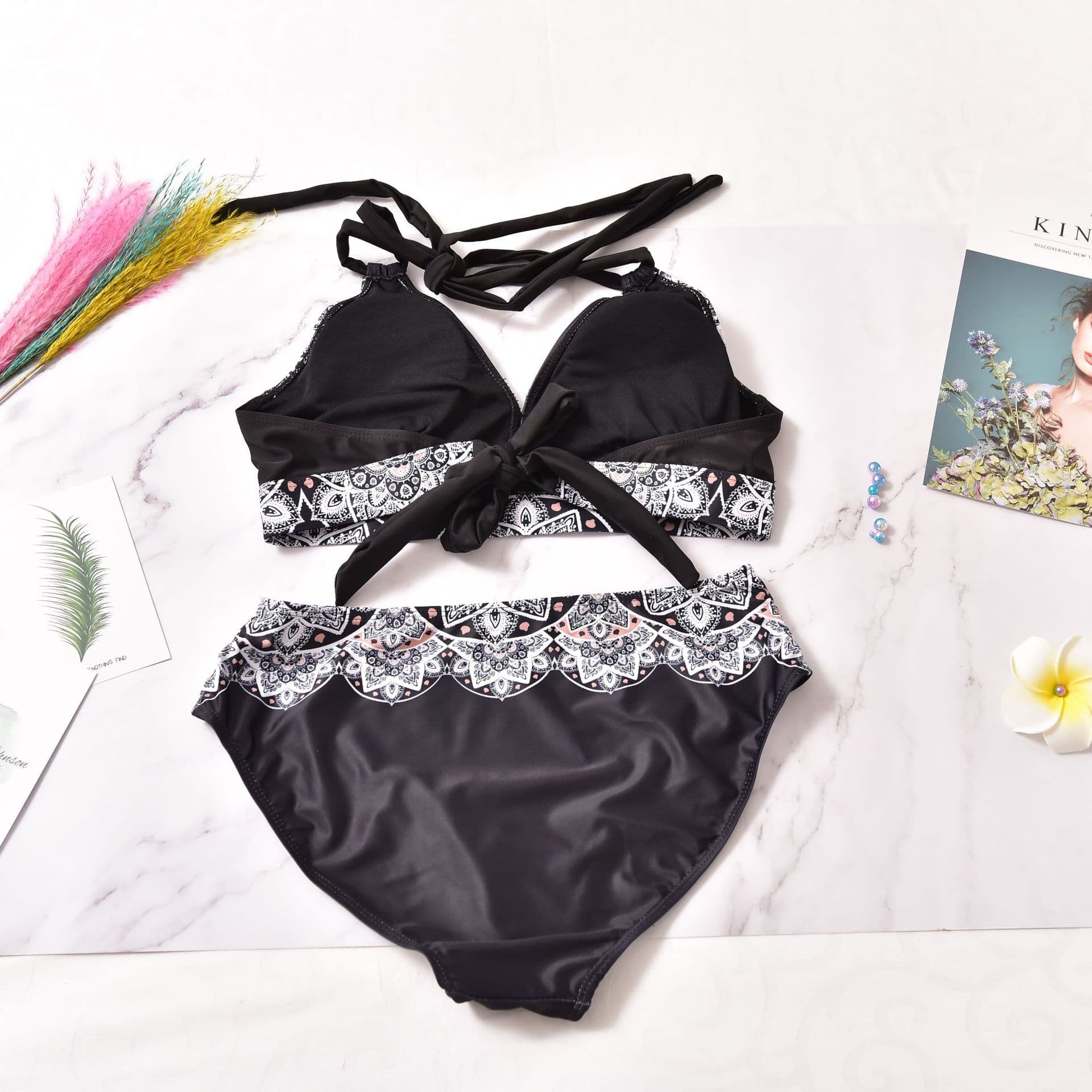 Printed High Waisted Bikini Set with Halter Top