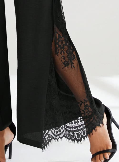 Elegant Lace Panel High Waisted Wide Leg Pants