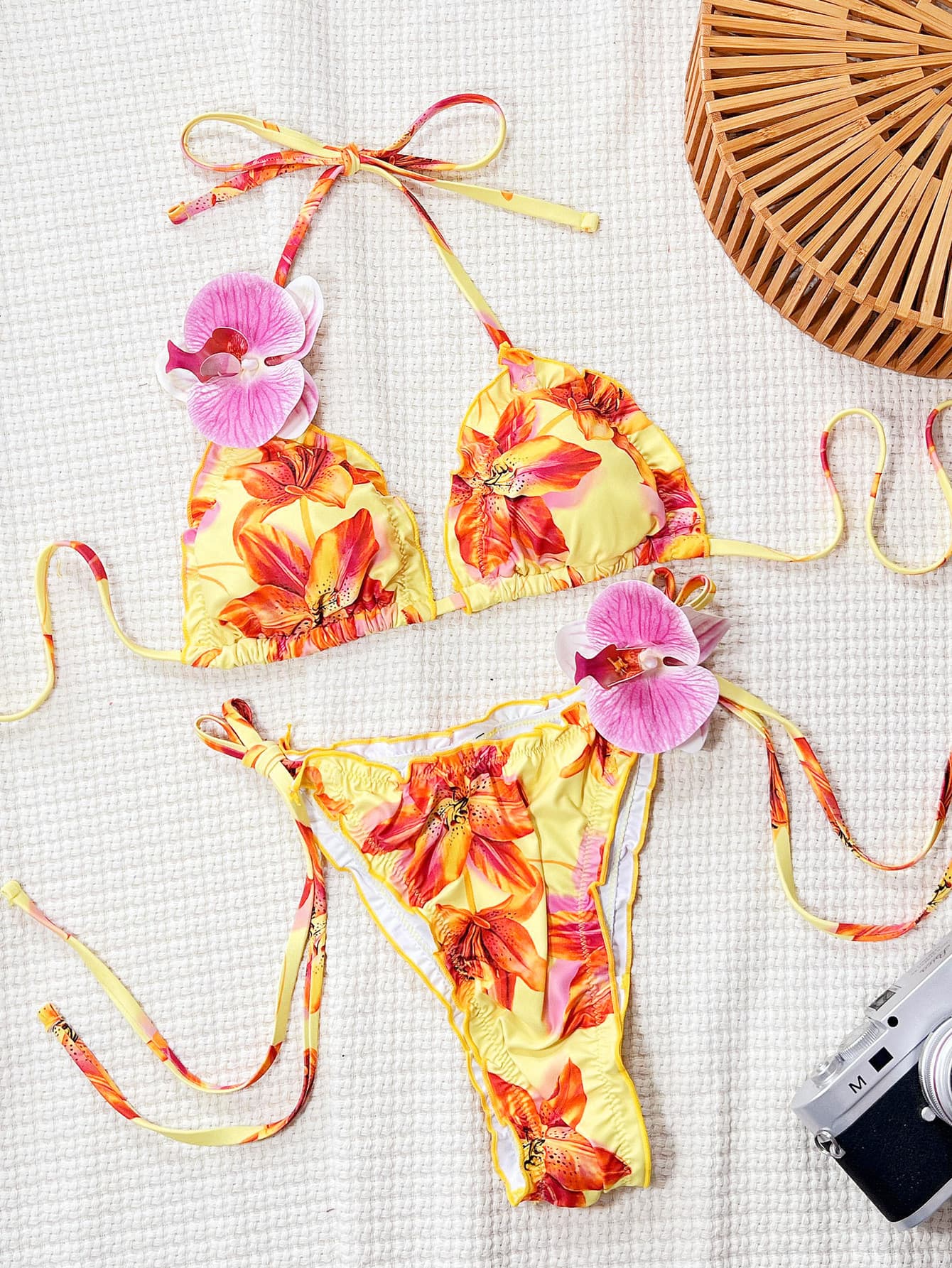 Floral Ruffle Trim Thong Bikini Set with Hip Ties