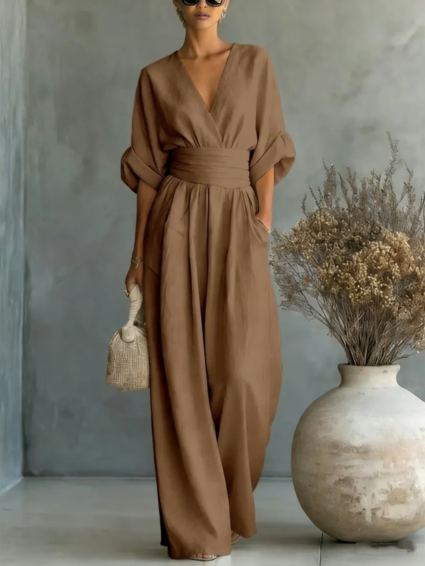 Chic V Neck Wide Leg Jumpsuit with Belt