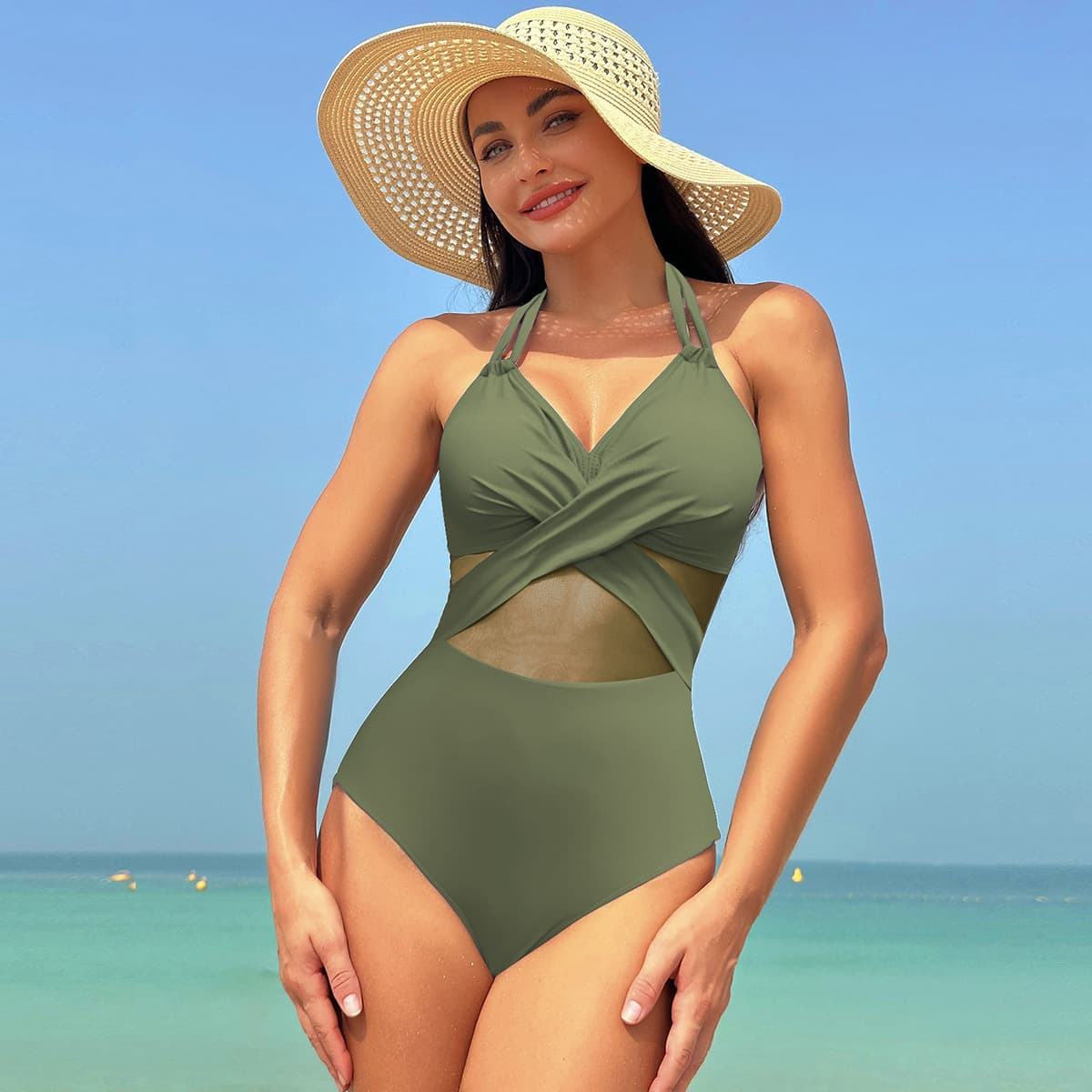 Halter Neck Mesh One Piece Swimsuit Tummy Control