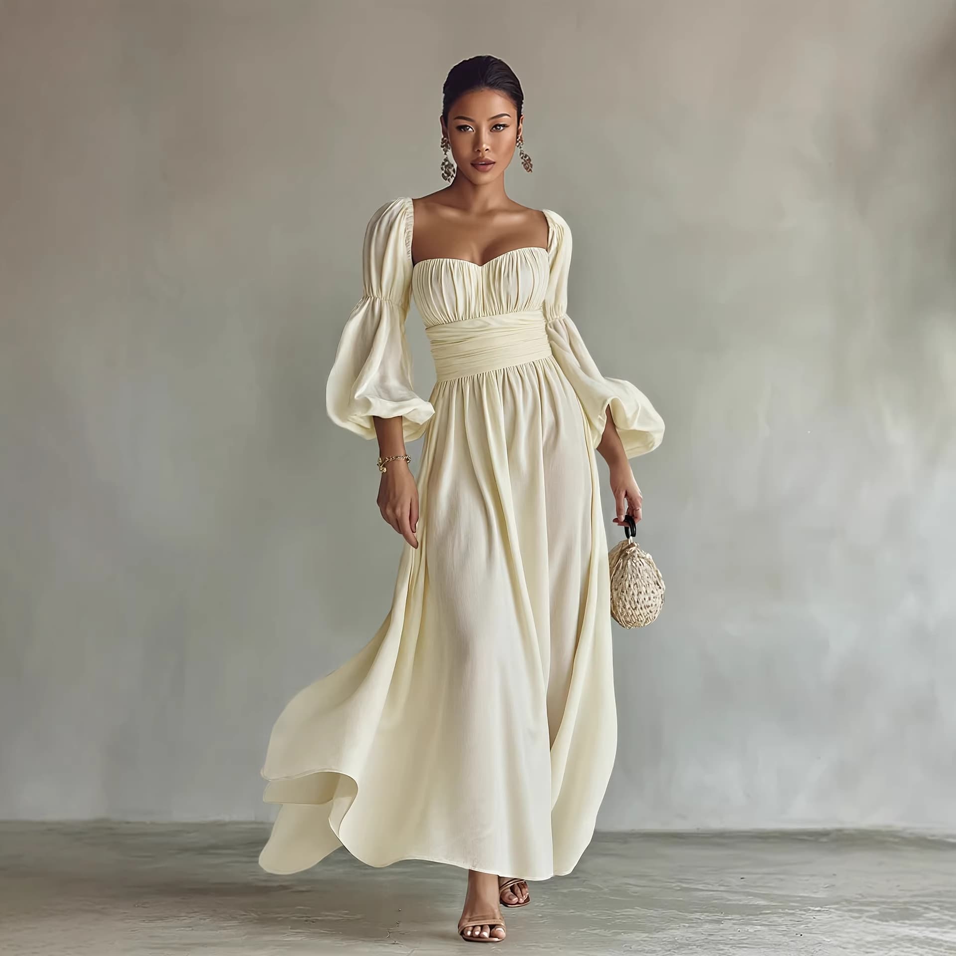 Elegant Puff Sleeve Ruched Waist Maxi Dress