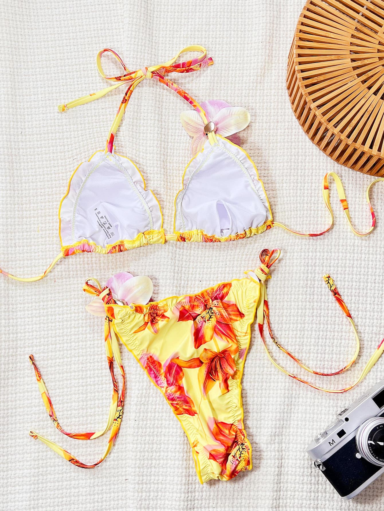 Floral Ruffle Trim Thong Bikini Set with Hip Ties