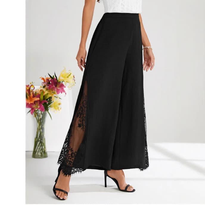 Elegant Lace Panel High Waisted Wide Leg Pants