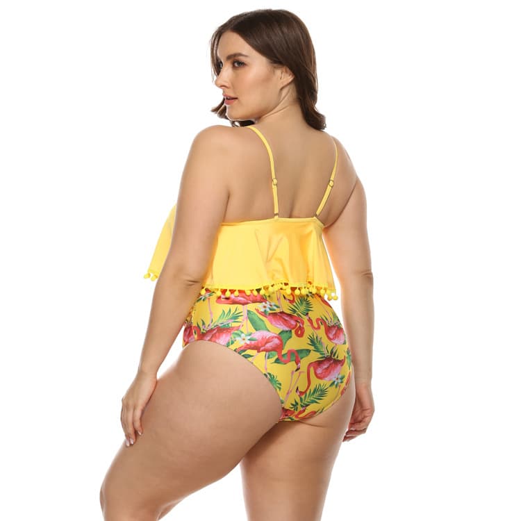 Plus Size Ruffle Top High Waisted Flamingo Print Bikini Set