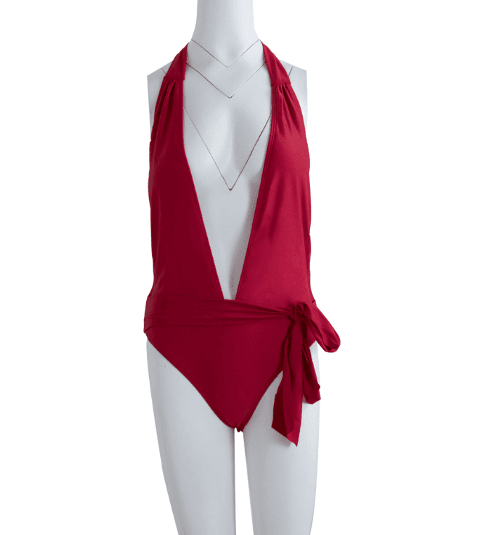 Low Cut Halter One Piece Swimsuit with Tie Waist
