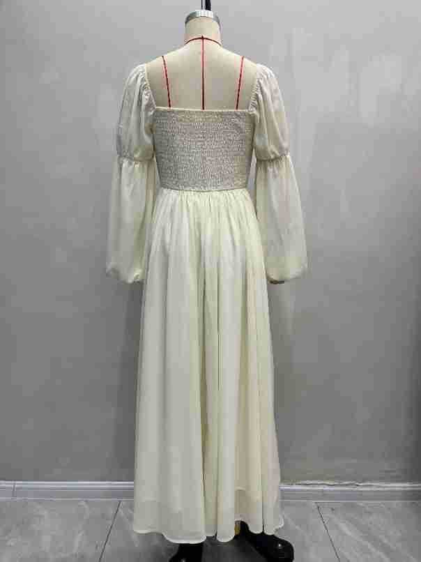 Elegant Puff Sleeve Ruched Waist Maxi Dress