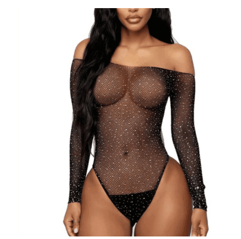 Sparkling Rhinestone Fishnet Bodysuit Off Shoulder Lingerie