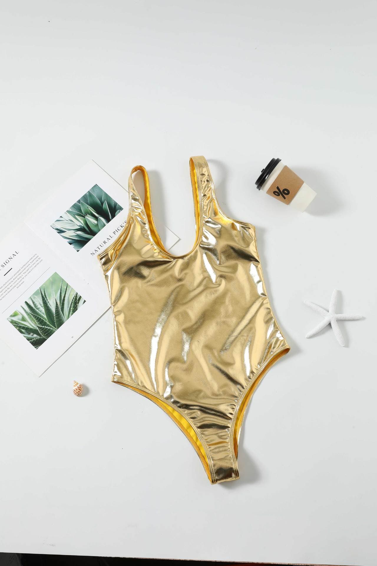 Metallic One Piece Swimsuit Deep V Gold Swimwear