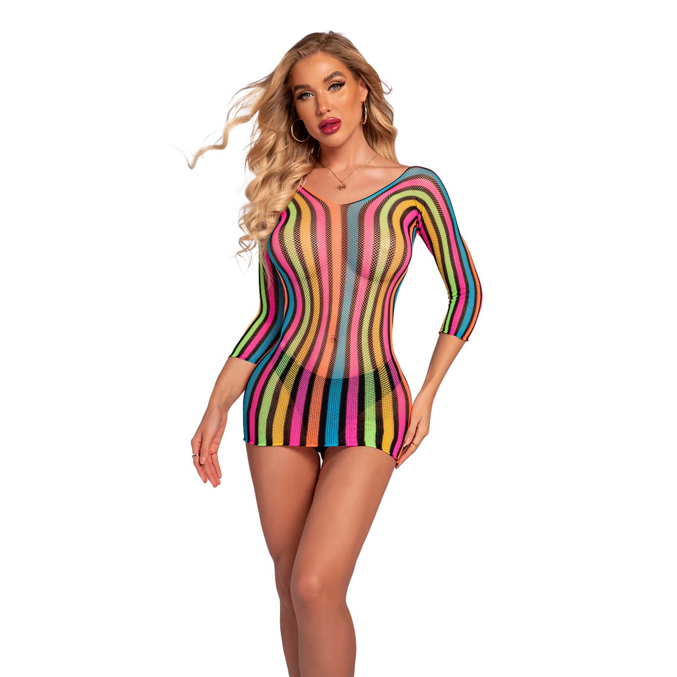 Rainbow Fishnet Mini Dress Neon Stripe Swim Cover Up