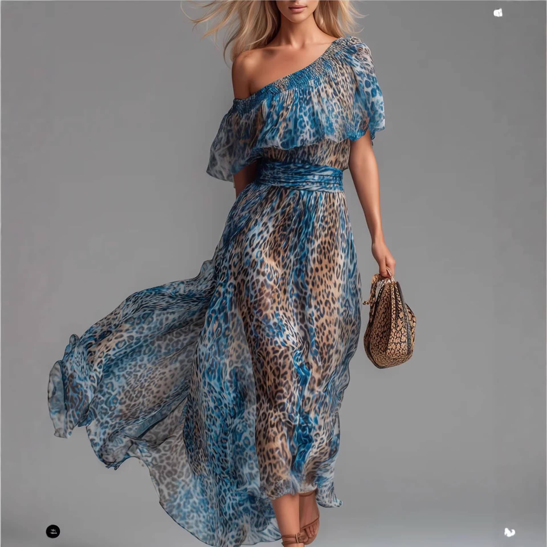Leopard Print Off Shoulder Chiffon Maxi Dress