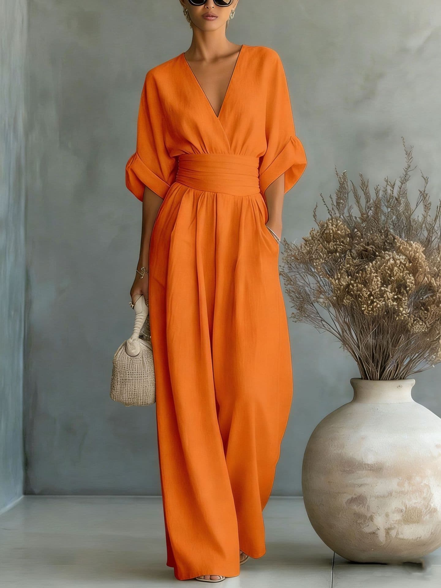 Chic V Neck Wide Leg Jumpsuit with Belt