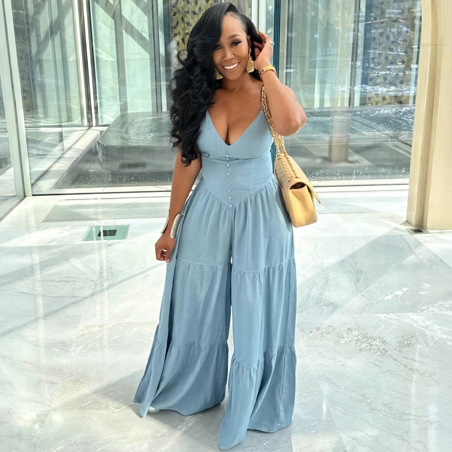 Chic Deep V Neck High Waisted Wide Leg Jumpsuit