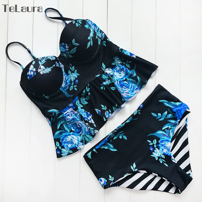 Floral High Waisted Bikini Set with Push Up Top