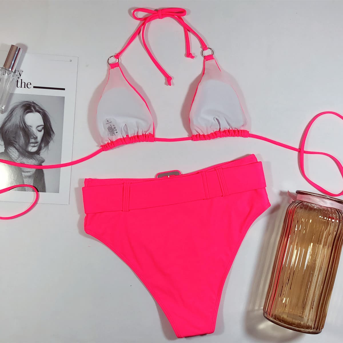 Halter Neck High Waisted Bikini Swimsuit with Tie Details