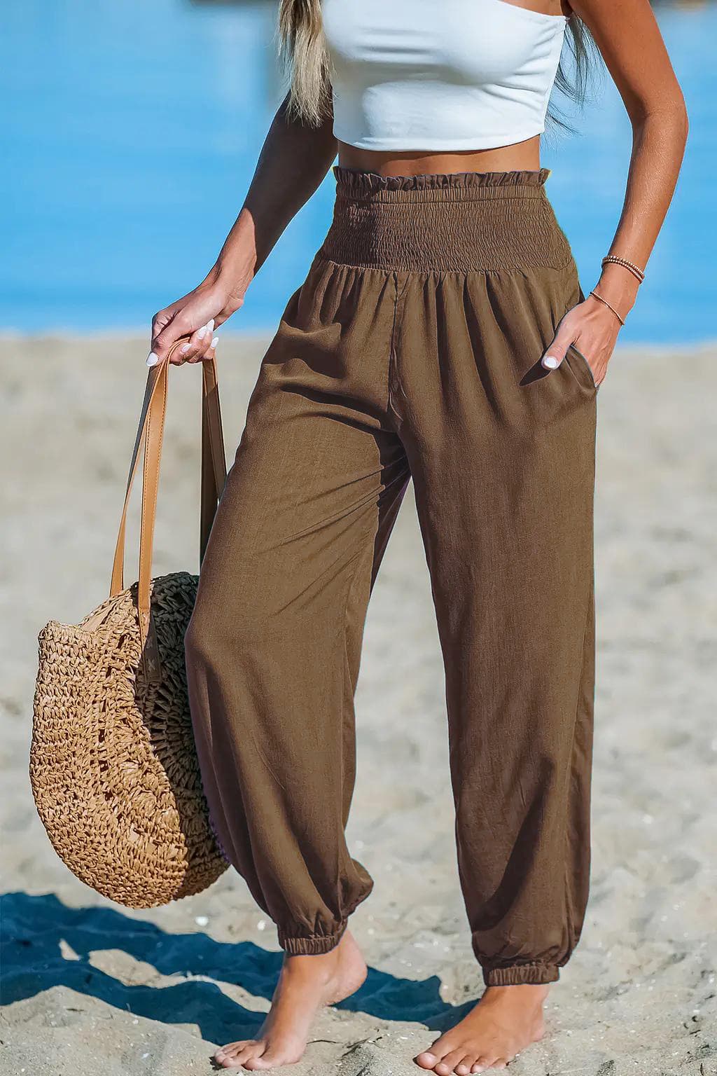 Loose Fit Beach Casual Ankle Tied Pants with Pockets