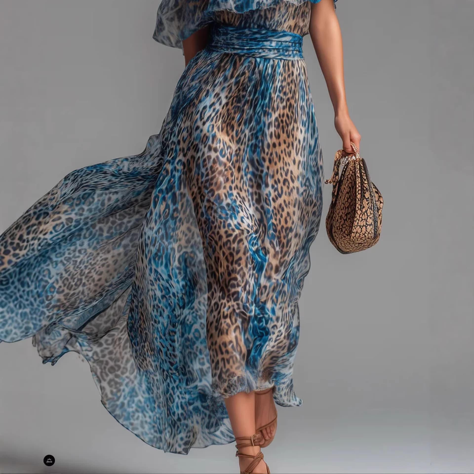 Leopard Print Off Shoulder Chiffon Maxi Dress