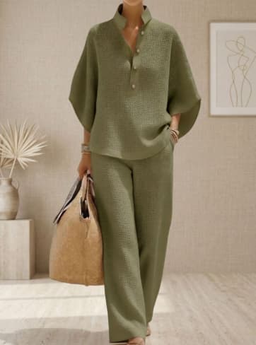Loose Fit Blouse and Wide Leg Pants Two Piece Set