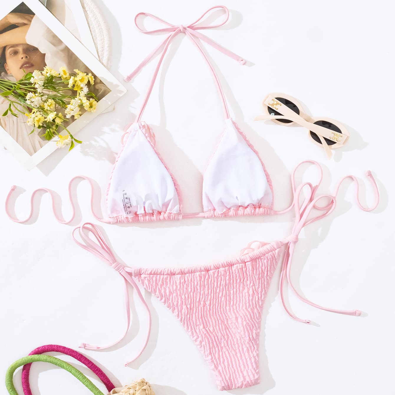 3D Floral Bikini Set Side Tie Thong Swimsuit