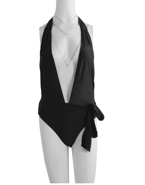 Low Cut Halter One Piece Swimsuit with Tie Waist