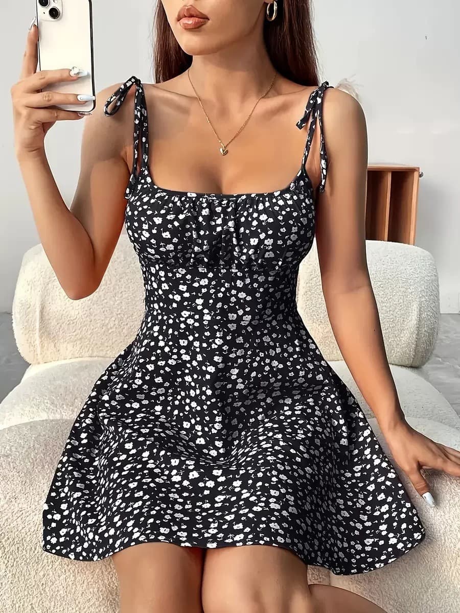 Floral A Line Mini Dress with Sweetheart Neckline