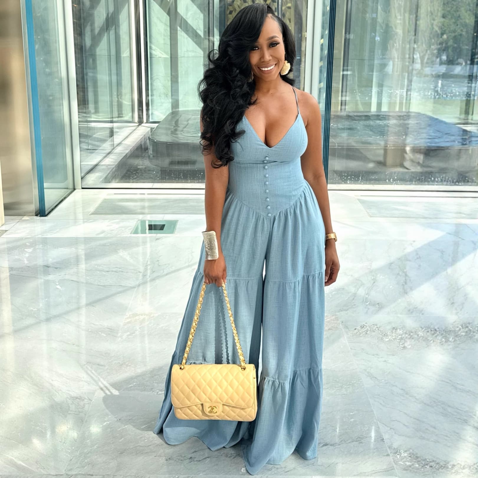 Chic Deep V Neck High Waisted Wide Leg Jumpsuit