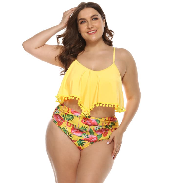 Plus Size Ruffle Top High Waisted Flamingo Print Bikini Set