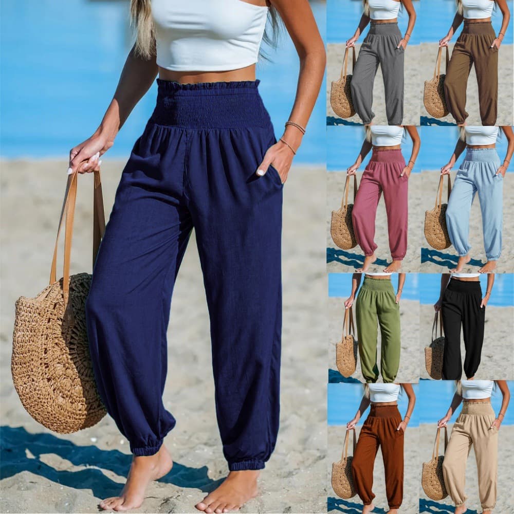 Loose Fit Beach Casual Ankle Tied Pants with Pockets