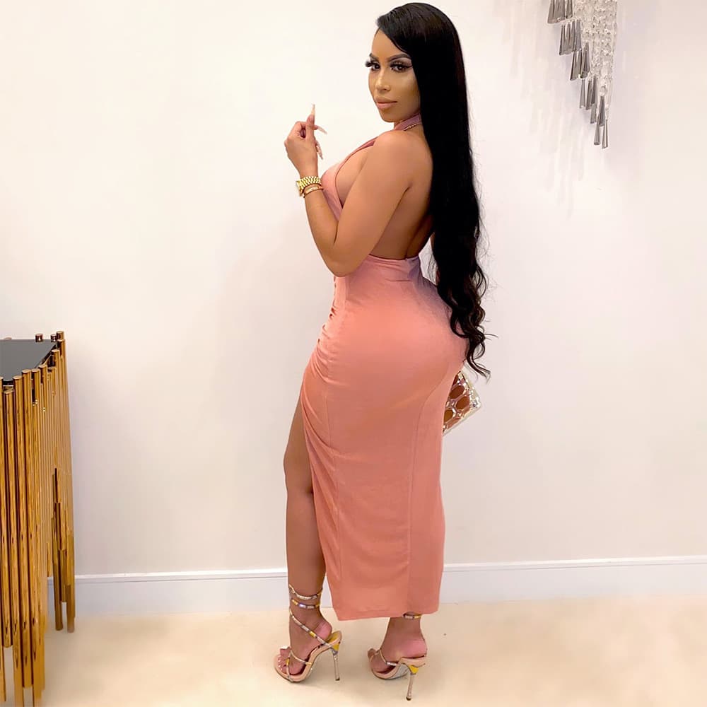 Ruched Halterneck Deep V Slit Maxi Dress