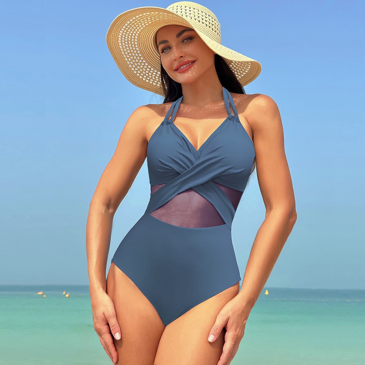 Halter Neck Mesh One Piece Swimsuit Tummy Control