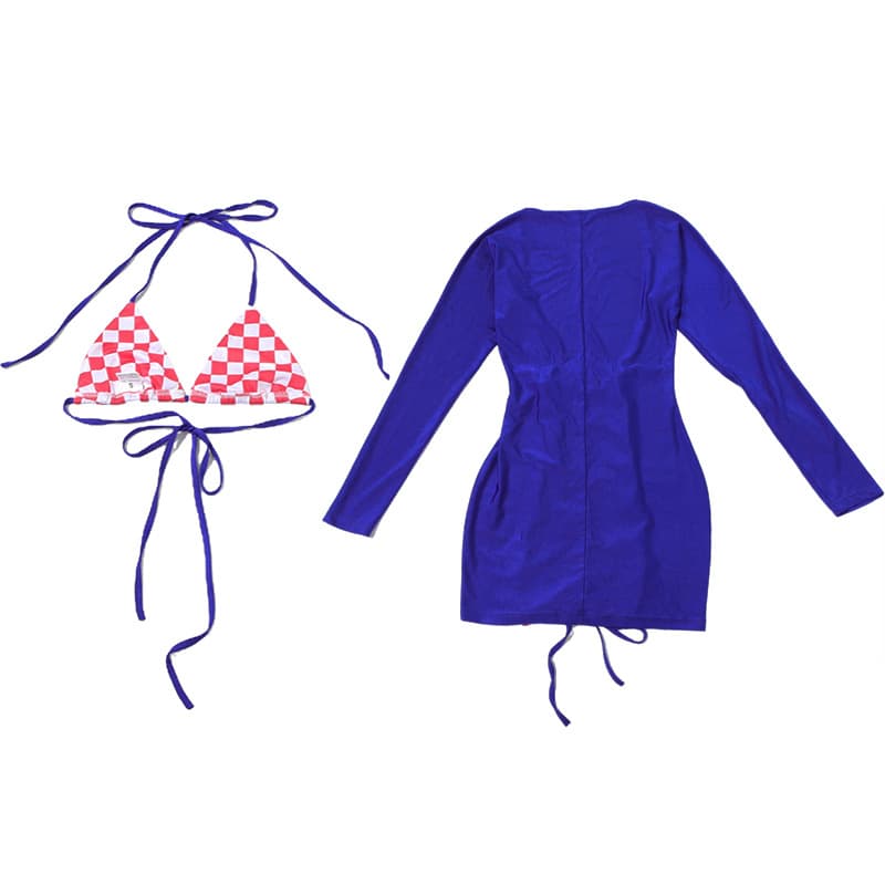 Plaid Tie Front Mini Dress and Bikini Set