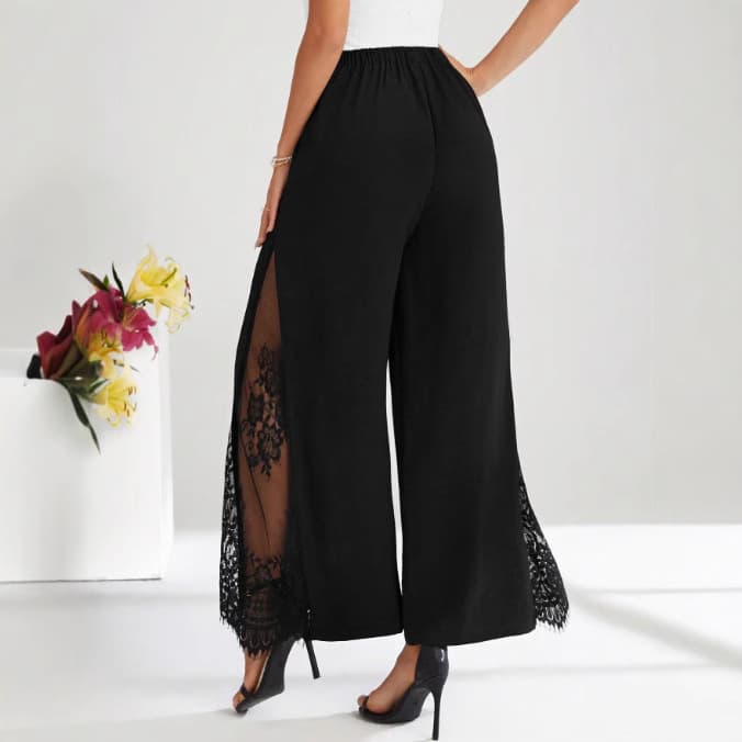 Elegant Lace Panel High Waisted Wide Leg Pants