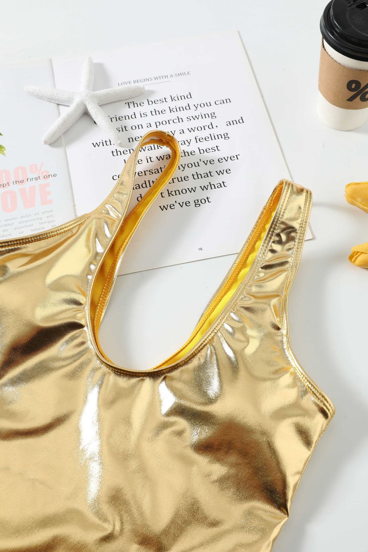 Metallic One Piece Swimsuit Deep V Gold Swimwear