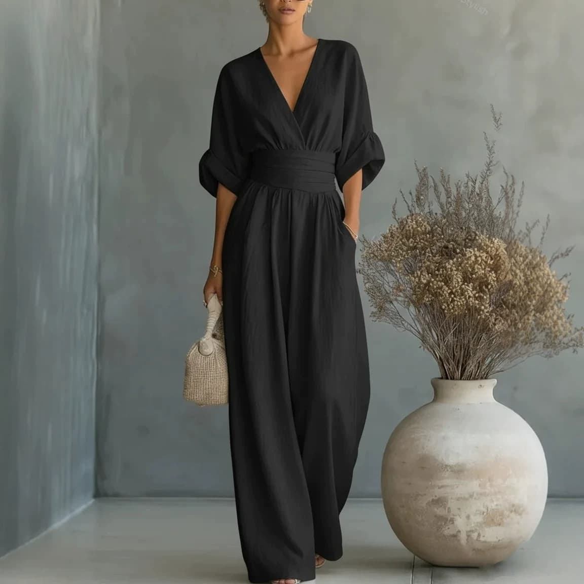Chic V Neck Wide Leg Jumpsuit with Belt