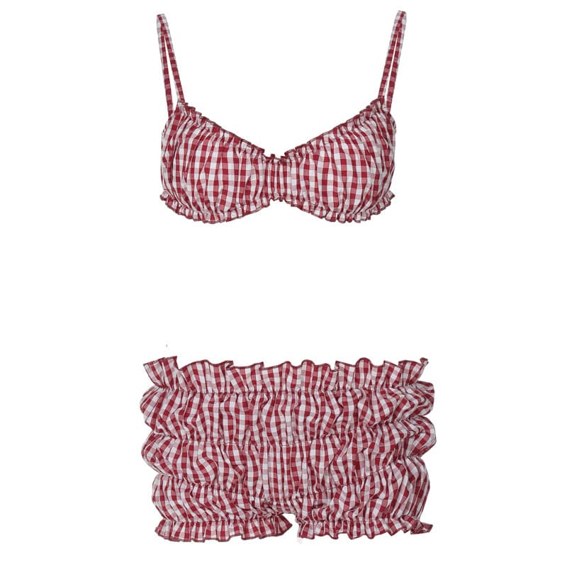 Plaid Ruffle Bikini Set with High Waisted Shorts