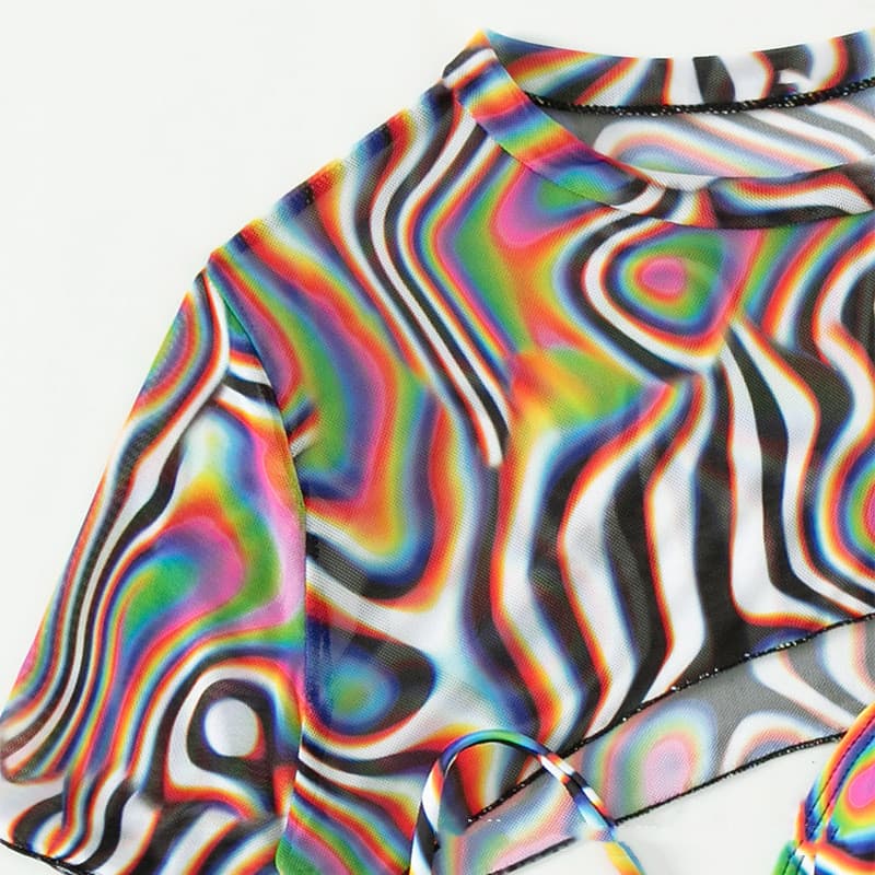 Colorful Swirl Print Bikini and Crop Top Swimsuit Set