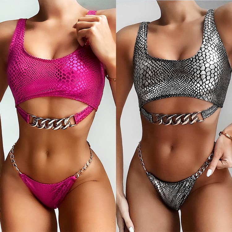 Chic Hot Pink Snake Print Bikini with Chain Detail