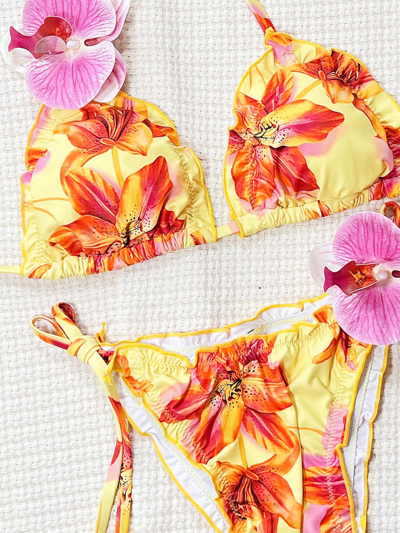 Floral Ruffle Trim Thong Bikini Set with Hip Ties