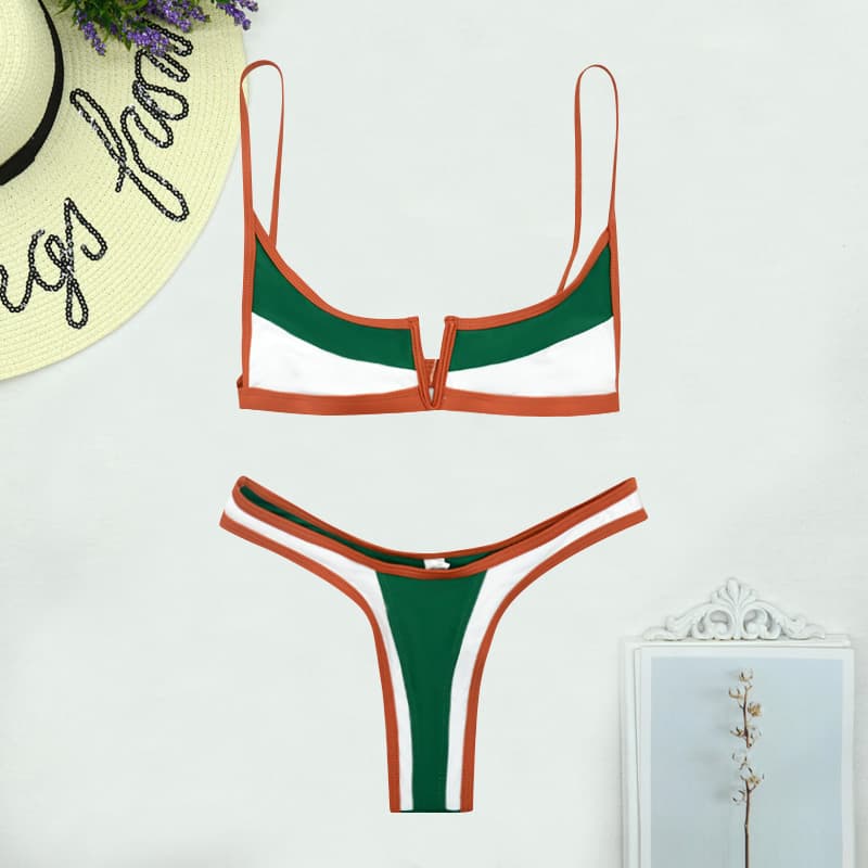Color Block Bikini Set and V Cut Bandeau Swimsuit