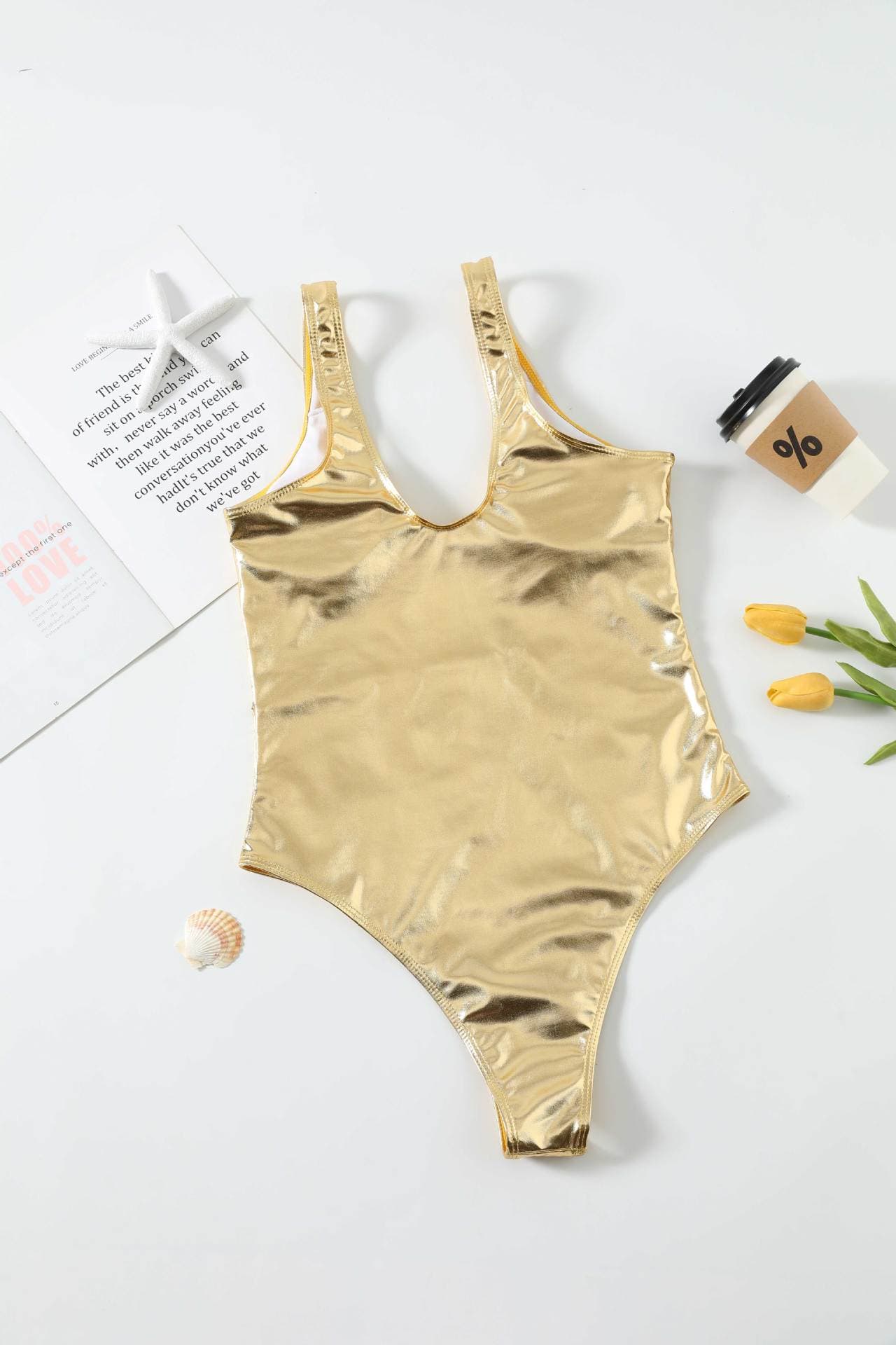 Metallic One Piece Swimsuit Deep V Gold Swimwear