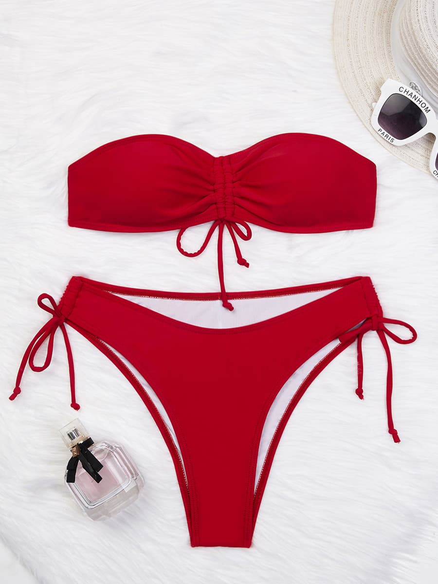Drawstring Tube Bikini Set Hot Pink Summer Swimsuit