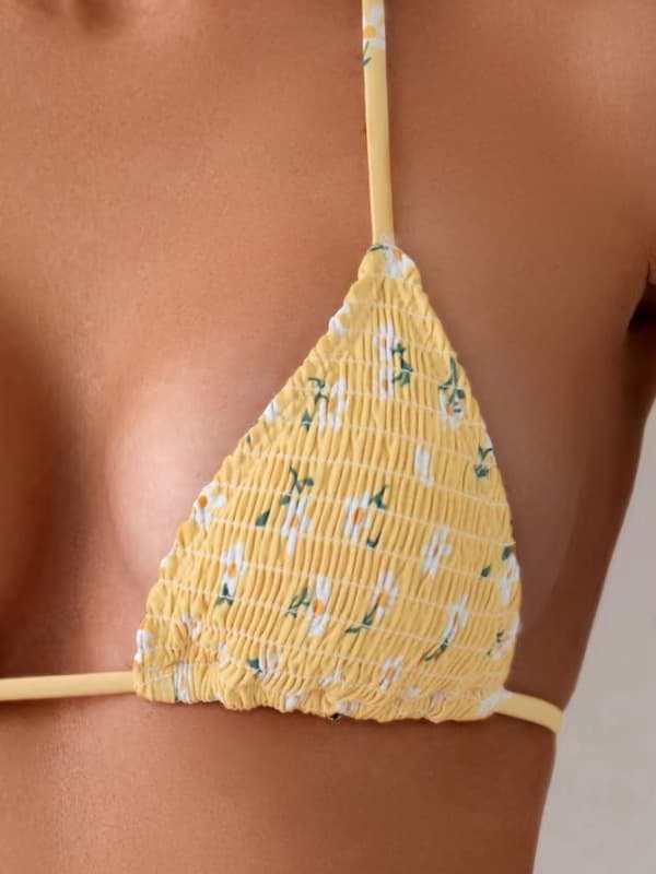 Floral Shirred Triangle Bikini Set with Tie Sides