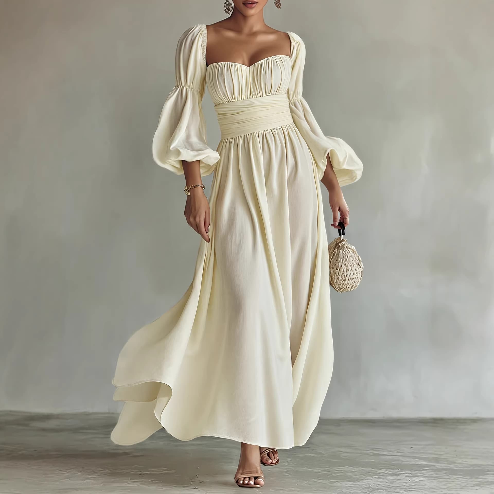 Elegant Puff Sleeve Ruched Waist Maxi Dress