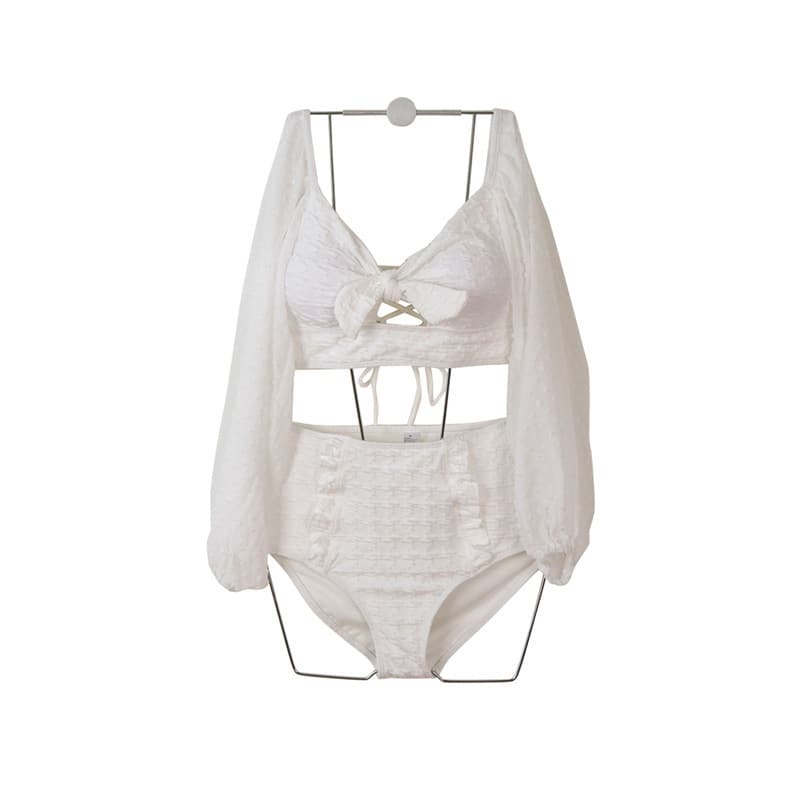 Lace Long Sleeve Bikini Top with High Waisted Bottoms