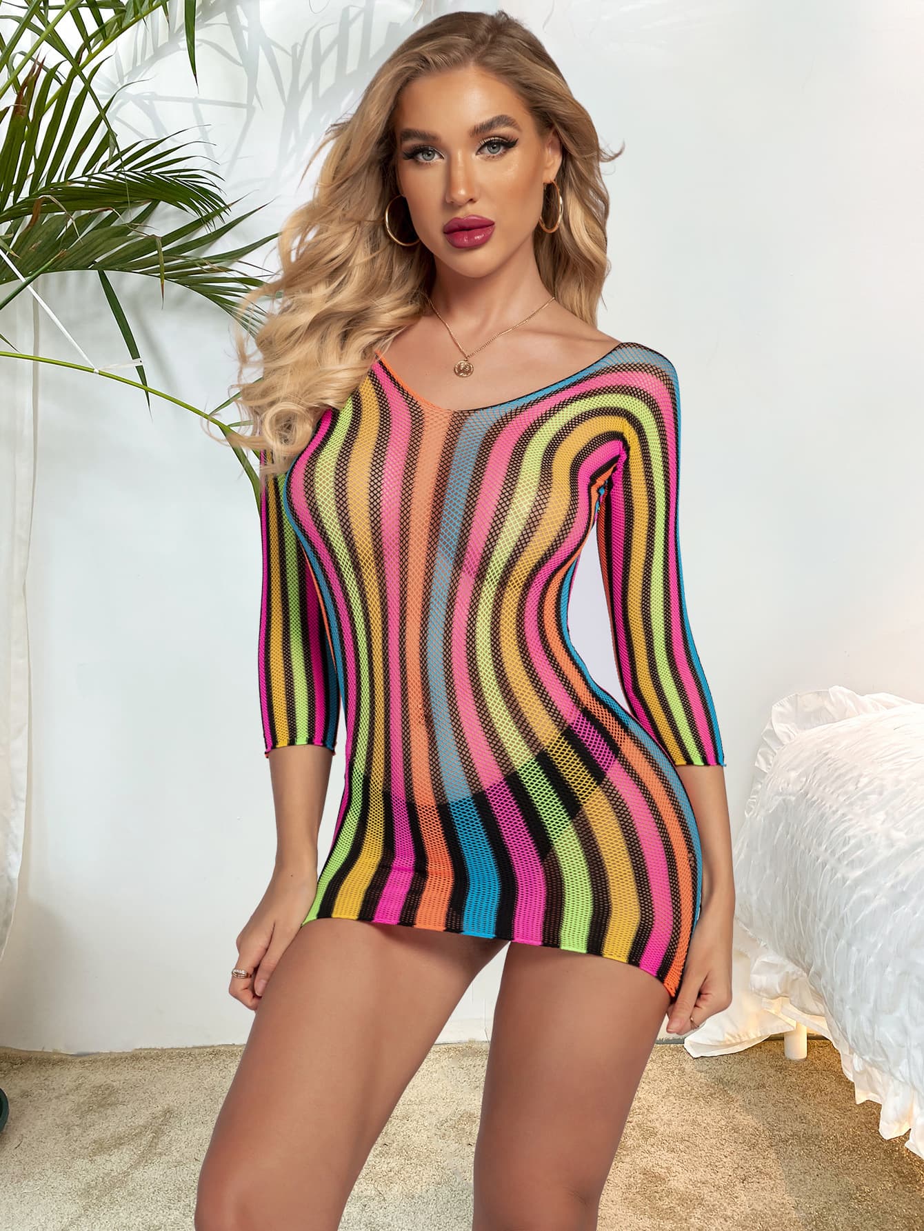 Rainbow Fishnet Mini Dress Neon Stripe Swim Cover Up