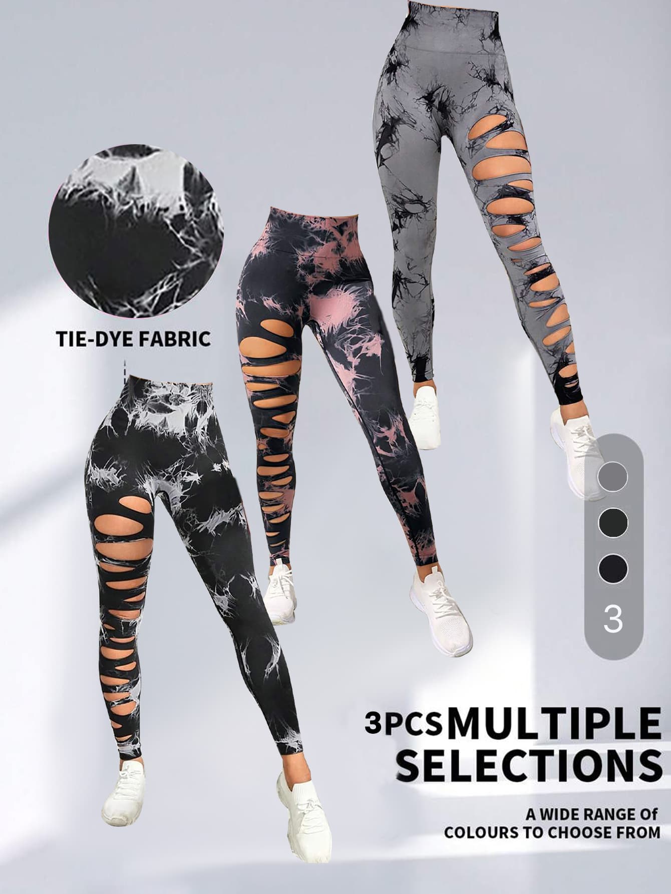 3 Pack Tie Dye Ripped Leggings with Scrunch Butt Lift