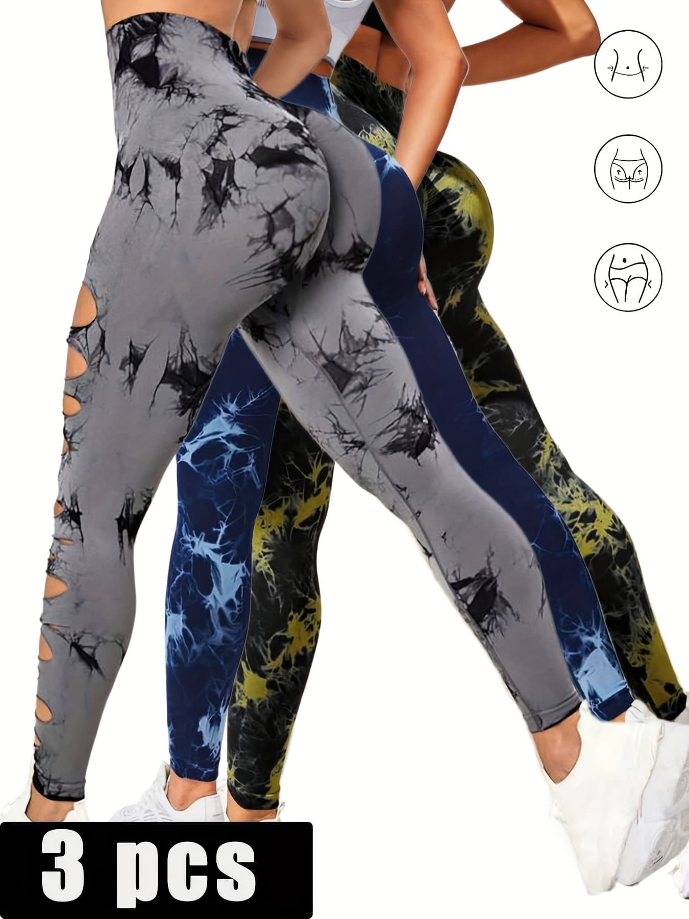 3 Pack Tie Dye Ripped Leggings with Scrunch Butt Lift